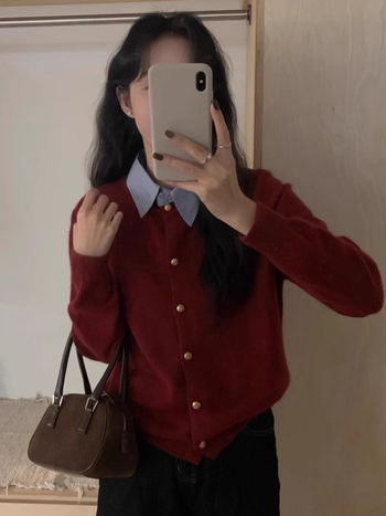 Cardigan pulover cu guler rever, tricot acrilic, model 3D, mâneci lungi, croială lejeră