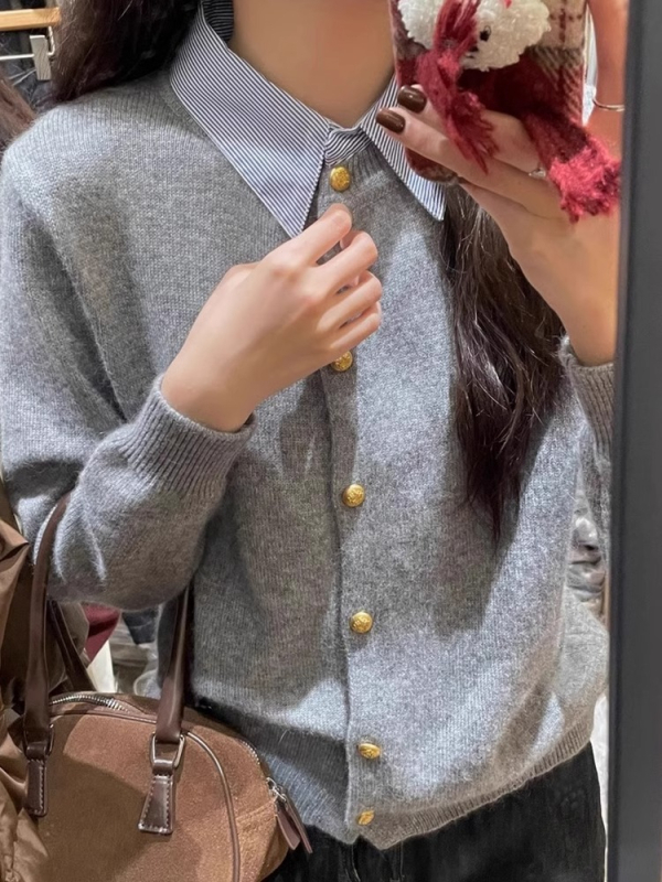 Cardigan pulover cu guler rever, tricot acrilic, model 3D, mâneci lungi, croială lejeră