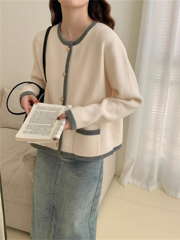 Ženski pleteni kardigan s jednim redom gumba, okrugli izrez, dugi rukavi, elegantan stil, za jesen i zimu