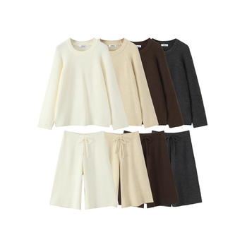 Set pentru femei: pulover tricot cu guler rotund și pantaloni - amestec nylon/viskoză, mâneci lungi, broderie, stil street-hipster