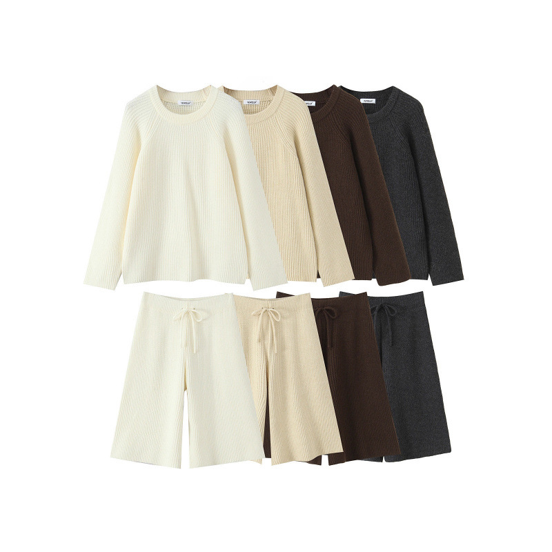 Set pentru femei: pulover tricot cu guler rotund și pantaloni - amestec nylon/viskoză, mâneci lungi, broderie, stil street-hipster