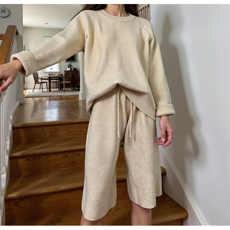 Set pentru femei: pulover tricot cu guler rotund și pantaloni - amestec nylon/viskoză, mâneci lungi, broderie, stil street-hipster