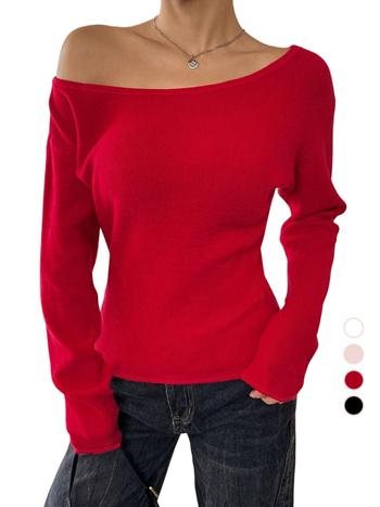 Bluza tricotată cu umeri goi, mâneci lungi, talie strânsă, croială slim, stil Y2K