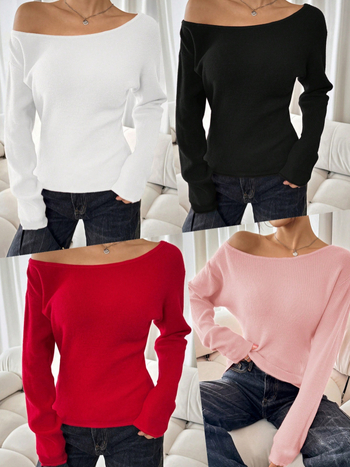 Bluza tricotată cu umeri goi, mâneci lungi, talie strânsă, croială slim, stil Y2K