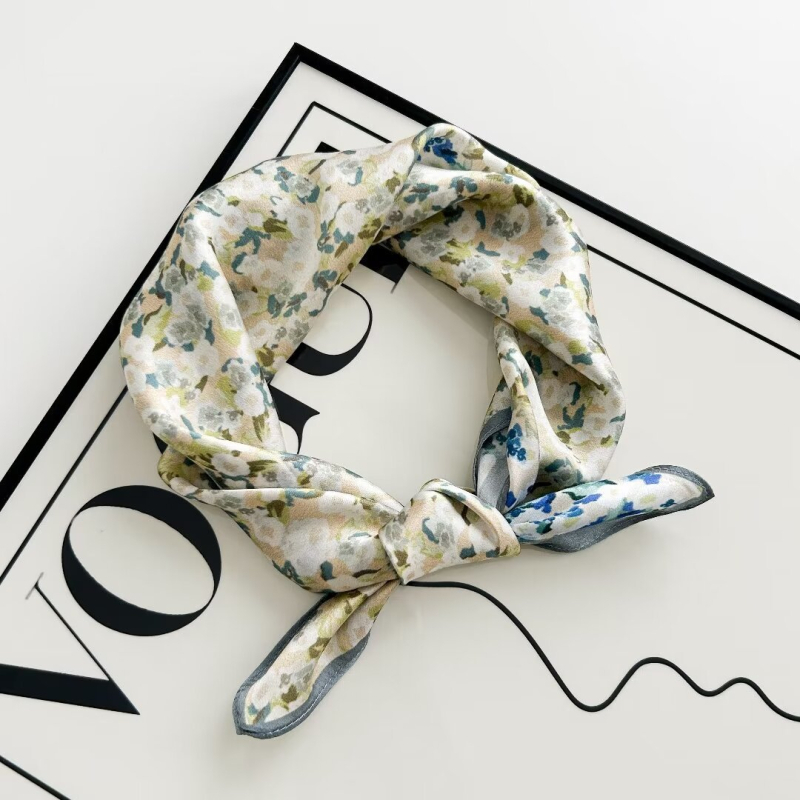 Șal pătrat din mătase de mulberry cu imprimeu floral, țesătură simplă, vara 2024, stil office