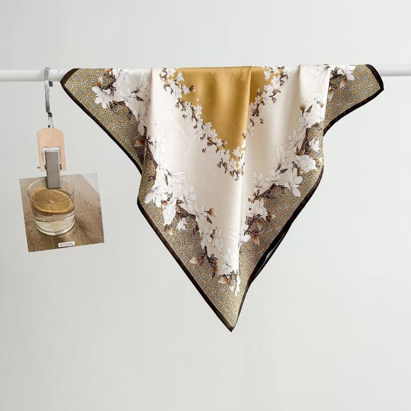 Șal pătrat din mătase de mulberry cu imprimeu floral, țesătură simplă, vara 2024, stil office