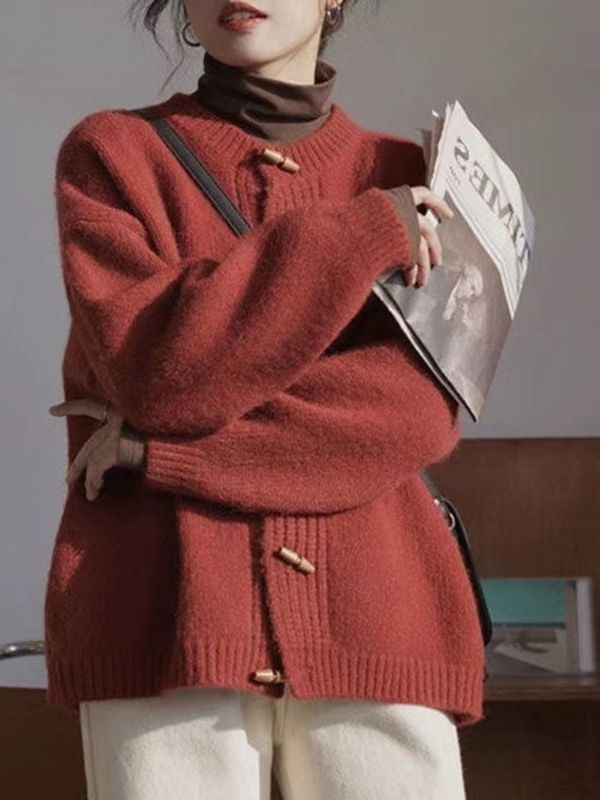 Καρντγκάν σε χοντρή πλέξη, ύφασμα βελούδο μαλλιού προβάτου, μείξη πολυεστέρα-σπάντεξ, μονόχρωμο, στρογγυλός λαιμός, χαλαρή γραμμή