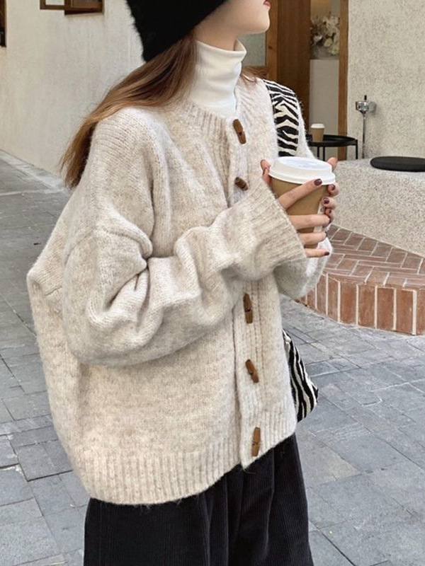 Καρντγκάν σε χοντρή πλέξη, ύφασμα βελούδο μαλλιού προβάτου, μείξη πολυεστέρα-σπάντεξ, μονόχρωμο, στρογγυλός λαιμός, χαλαρή γραμμή