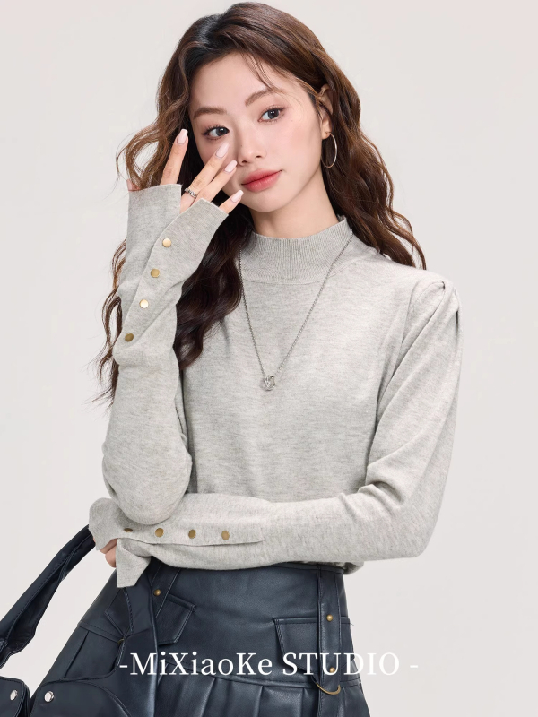 Pulover tricotat pentru femei, cu guler semi-înalt și glugă — croială Slim, tricot subțire, culoare solidă, mâneci lungi, toamnă/iarnă 2025