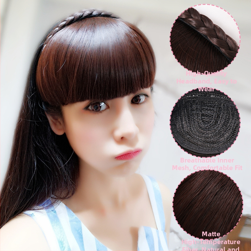 Perucă cu șuvițe împletite și bandă pentru cap, model 832, fibre rezistente la temperatură, breton drept sau înclinat, poate fi vopsită