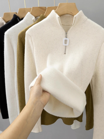 Pulover tricotat pentru femei, cu fermoar pe jumătate, căptușit cu fleece, croială Slim, guler mock neck, mâneci lungi, din viscoză