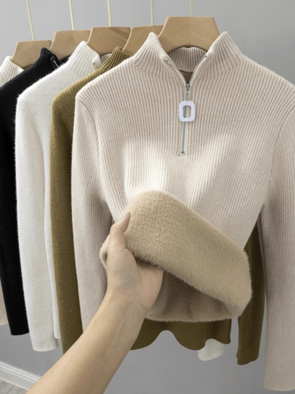 Pulover tricotat pentru femei, cu fermoar pe jumătate, căptușit cu fleece, croială Slim, guler mock neck, mâneci lungi, din viscoză