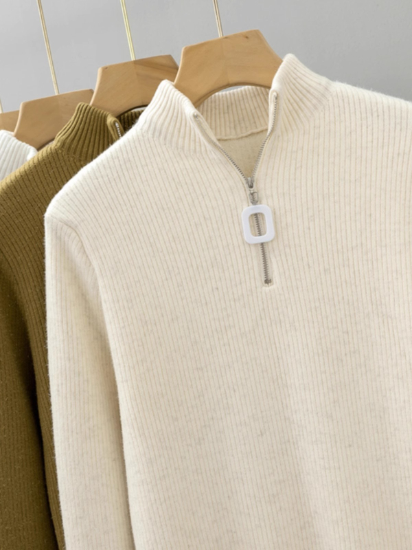 Pulover tricotat pentru femei, cu fermoar pe jumătate, căptușit cu fleece, croială Slim, guler mock neck, mâneci lungi, din viscoză