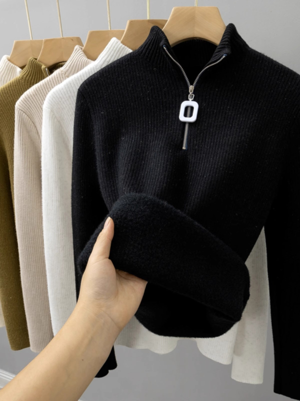 Pulover tricotat pentru femei, cu fermoar pe jumătate, căptușit cu fleece, croială Slim, guler mock neck, mâneci lungi, din viscoză