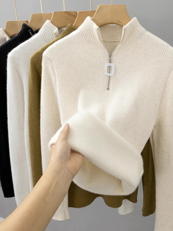 Pulover tricotat pentru femei, cu fermoar pe jumătate, căptușit cu fleece, croială Slim, guler mock neck, mâneci lungi, din viscoză