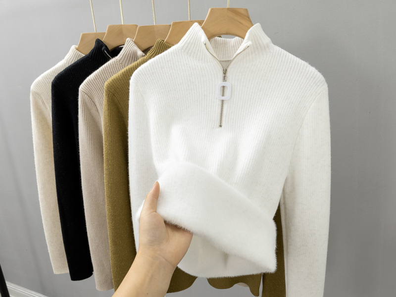 Pulover tricotat pentru femei, cu fermoar pe jumătate, căptușit cu fleece, croială Slim, guler mock neck, mâneci lungi, din viscoză