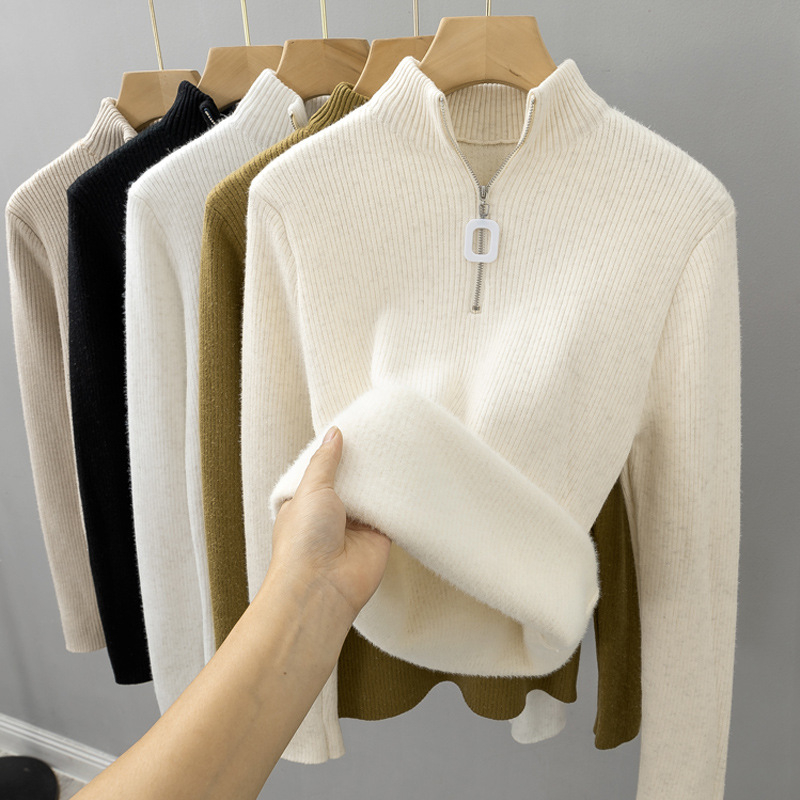 Pulover tricotat pentru femei, cu fermoar pe jumătate, căptușit cu fleece, croială Slim, guler mock neck, mâneci lungi, din viscoză