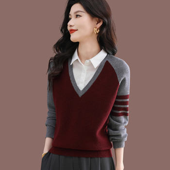 Pulover cu aspect de două piese, culoare solidă, guler polo, tricot, amestec poliester-viscoză, croială lejeră, mâneci lungi, toamnă 2025