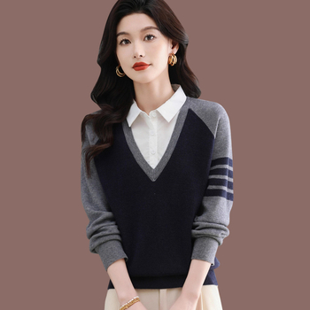 Pulover cu aspect de două piese, culoare solidă, guler polo, tricot, amestec poliester-viscoză, croială lejeră, mâneci lungi, toamnă 2025