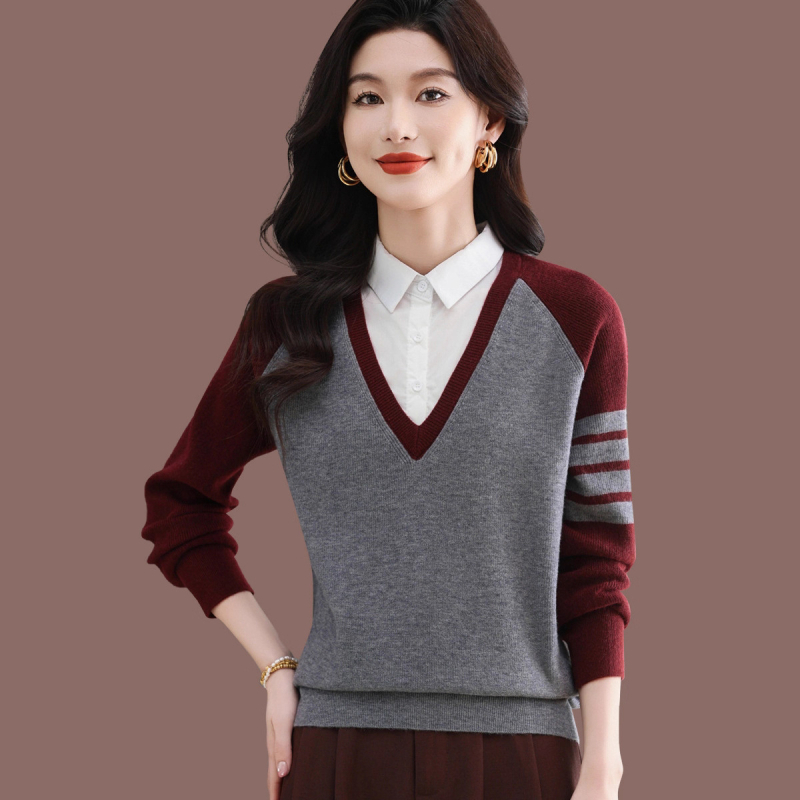 Pulover cu aspect de două piese, culoare solidă, guler polo, tricot, amestec poliester-viscoză, croială lejeră, mâneci lungi, toamnă 2025