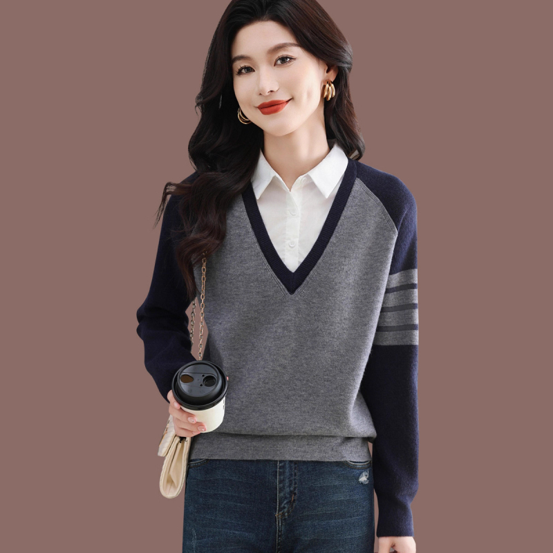 Pulover cu aspect de două piese, culoare solidă, guler polo, tricot, amestec poliester-viscoză, croială lejeră, mâneci lungi, toamnă 2025