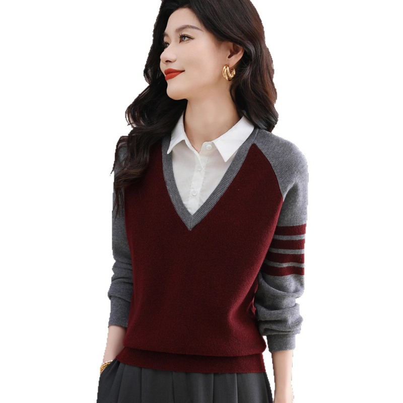 Pulover cu aspect de două piese, culoare solidă, guler polo, tricot, amestec poliester-viscoză, croială lejeră, mâneci lungi, toamnă 2025