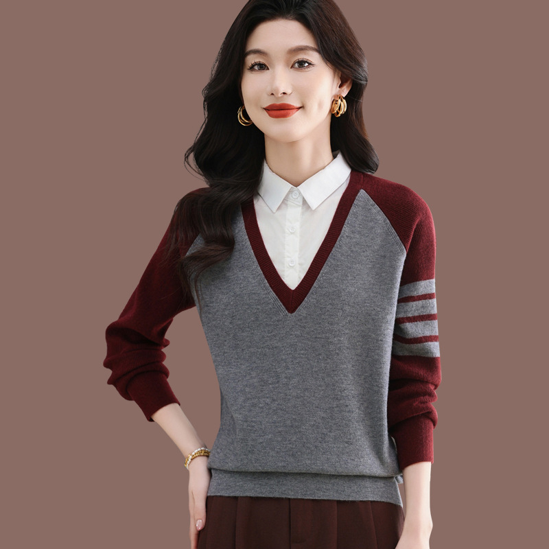 Pulover cu aspect de două piese, culoare solidă, guler polo, tricot, amestec poliester-viscoză, croială lejeră, mâneci lungi, toamnă 2025