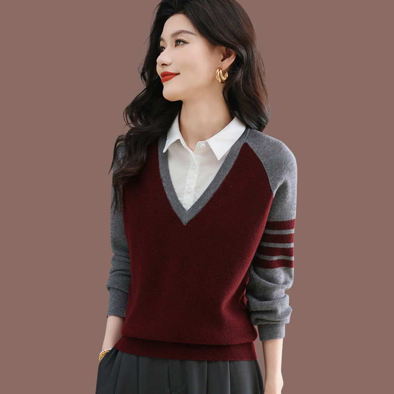 Pulover cu aspect de două piese, culoare solidă, guler polo, tricot, amestec poliester-viscoză, croială lejeră, mâneci lungi, toamnă 2025