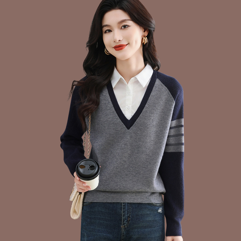 Pulover cu aspect de două piese, culoare solidă, guler polo, tricot, amestec poliester-viscoză, croială lejeră, mâneci lungi, toamnă 2025