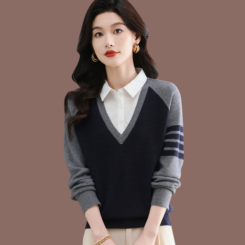 Pulover cu aspect de două piese, culoare solidă, guler polo, tricot, amestec poliester-viscoză, croială lejeră, mâneci lungi, toamnă 2025