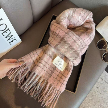 Šal kremasto-plavi karirani, ženski, korejski stil, za sve sezone, topao i debeo, imitacija kašmira, 100% poliester