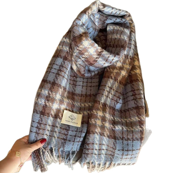 Šal kremasto-plavi karirani, ženski, korejski stil, za sve sezone, topao i debeo, imitacija kašmira, 100% poliester