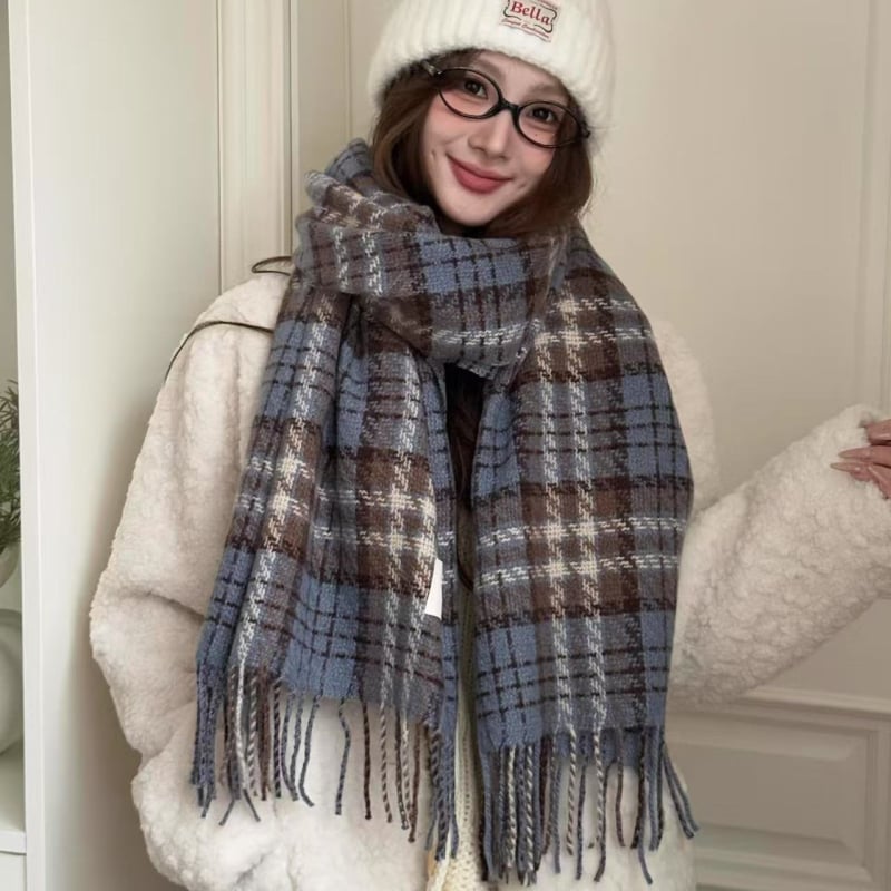 Šal kremasto-plavi karirani, ženski, korejski stil, za sve sezone, topao i debeo, imitacija kašmira, 100% poliester