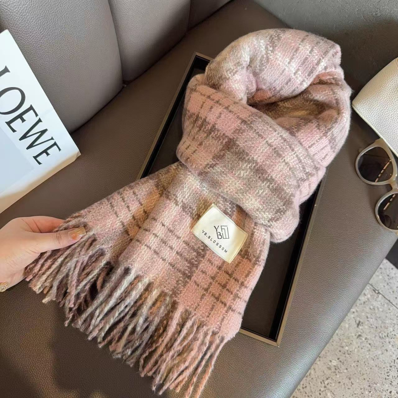 Šal kremasto-plavi karirani, ženski, korejski stil, za sve sezone, topao i debeo, imitacija kašmira, 100% poliester