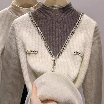 Pleteni pulover s najlonskom tkaninom i baršunastim fleece podstavom, kapuljačom, 3D uzorak, slobodan kroj