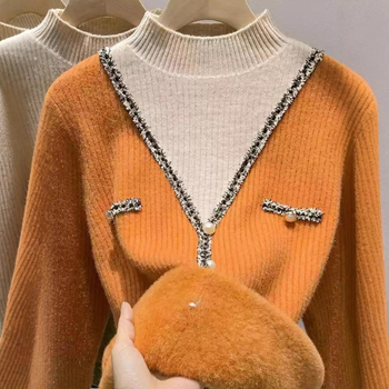Pleteni pulover s najlonskom tkaninom i baršunastim fleece podstavom, kapuljačom, 3D uzorak, slobodan kroj