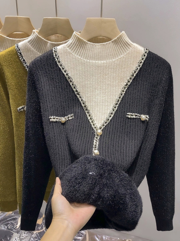 Pleteni pulover s najlonskom tkaninom i baršunastim fleece podstavom, kapuljačom, 3D uzorak, slobodan kroj