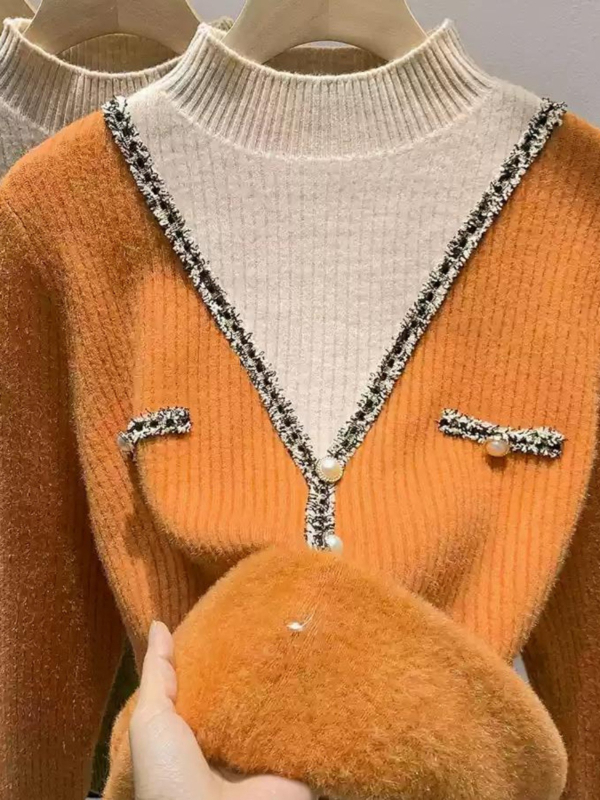 Pleteni pulover s najlonskom tkaninom i baršunastim fleece podstavom, kapuljačom, 3D uzorak, slobodan kroj