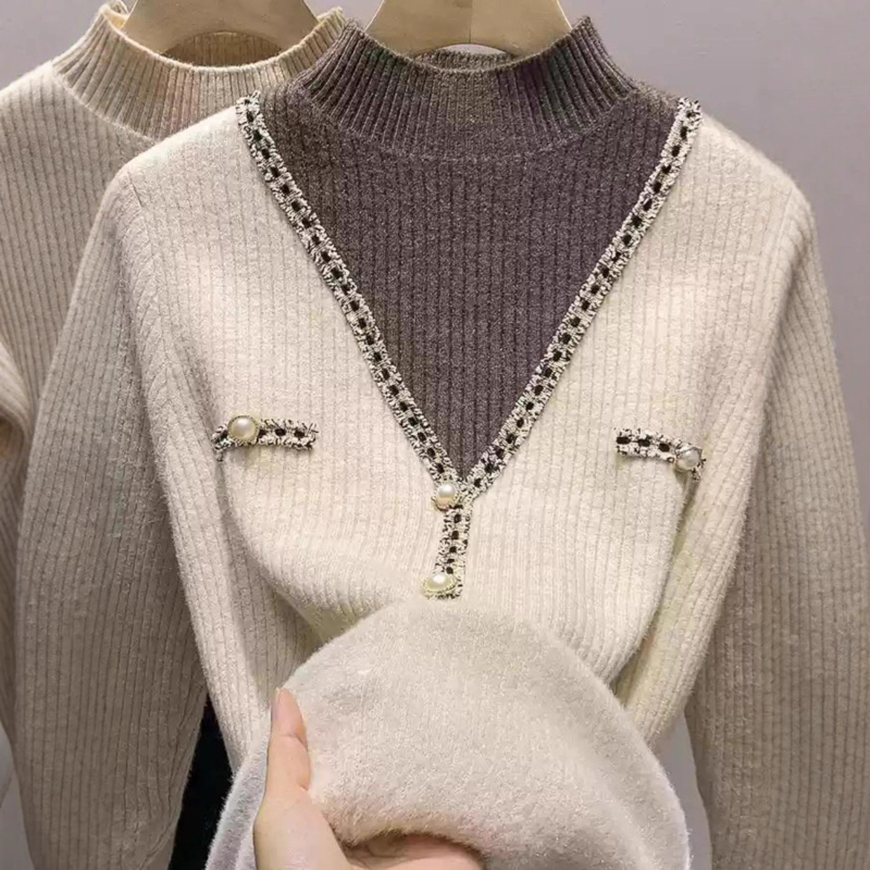 Pleteni pulover s najlonskom tkaninom i baršunastim fleece podstavom, kapuljačom, 3D uzorak, slobodan kroj