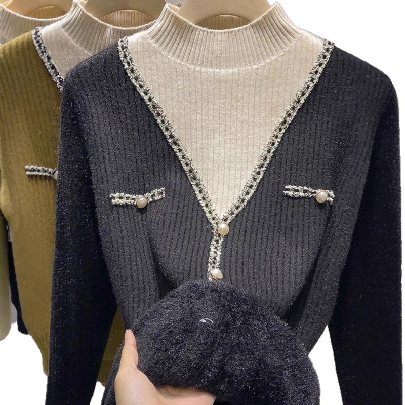 Pleteni pulover s najlonskom tkaninom i baršunastim fleece podstavom, kapuljačom, 3D uzorak, slobodan kroj