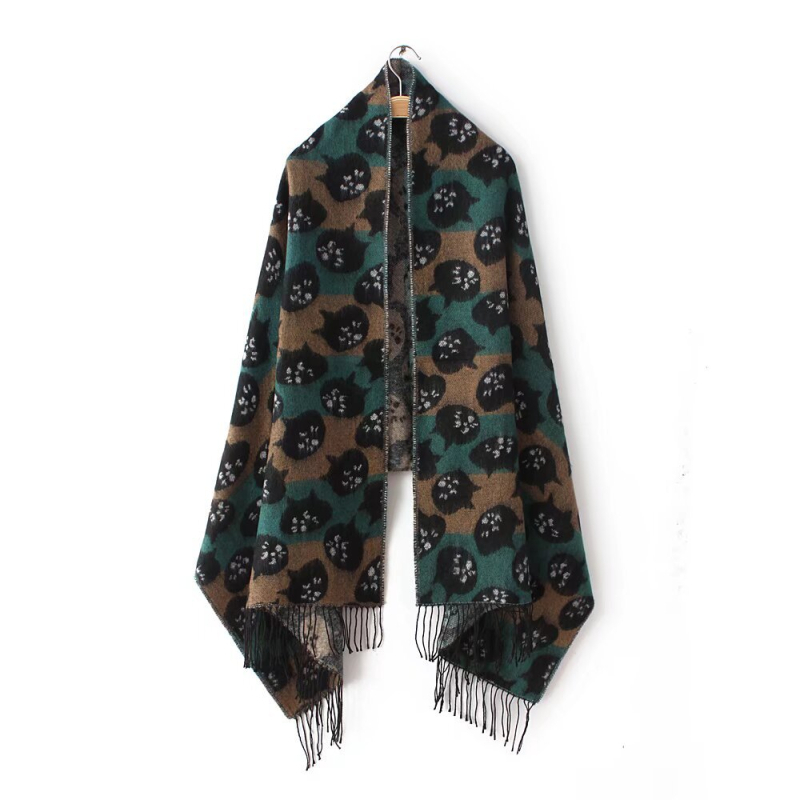 Șal cu dungi de pisicuță și ciucuri, fibră acrilică, țesătură plată, încălzește iarna