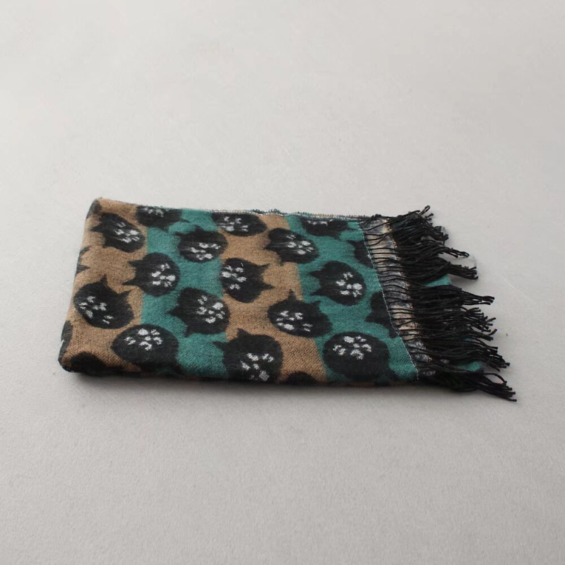 Șal cu dungi de pisicuță și ciucuri, fibră acrilică, țesătură plată, încălzește iarna