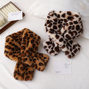 Șal de iarnă pentru femei, blană artificială pufoasă, imprimeu leopard, design încrucișat, stil coreean, poliester, țesătură warp-knit, fabricat manual