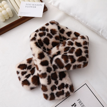 Șal de iarnă pentru femei, blană artificială pufoasă, imprimeu leopard, design încrucișat, stil coreean, poliester, țesătură warp-knit, fabricat manual