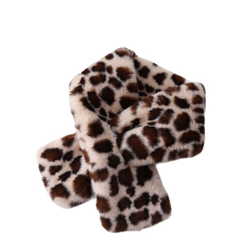 Șal de iarnă pentru femei, blană artificială pufoasă, imprimeu leopard, design încrucișat, stil coreean, poliester, țesătură warp-knit, fabricat manual