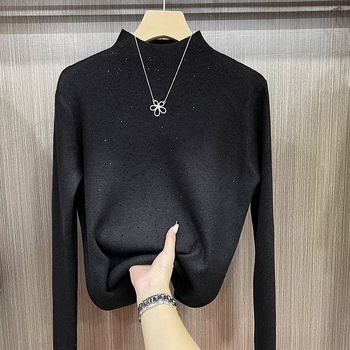 Akrilni kapućni pleteni džemper s kapuljom, dijamantni ukras, dugi rukavi, gradski stil
