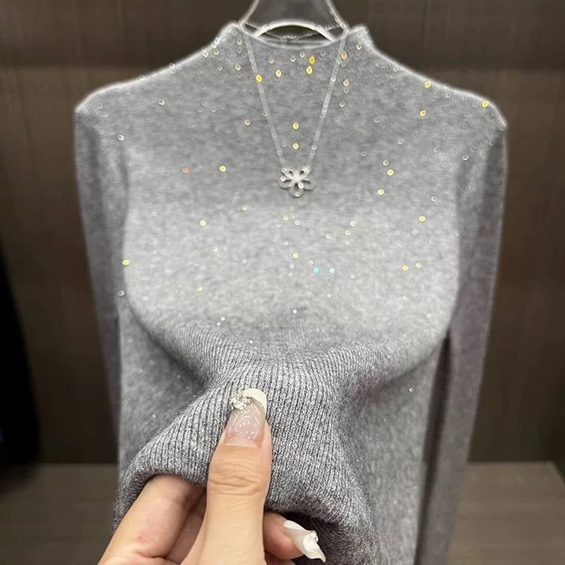 Akrilni kapućni pleteni džemper s kapuljom, dijamantni ukras, dugi rukavi, gradski stil