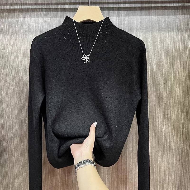 Akrilni kapućni pleteni džemper s kapuljom, dijamantni ukras, dugi rukavi, gradski stil