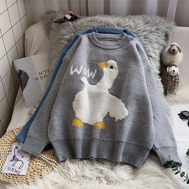 Ženski pulover s uzorkom patke, okrugli izrez, dugi rukavi, slobodan kroj, smjesa vlakana spandex-akril