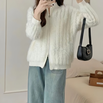 Női mink velvet kötött kardigánkabát, téli 2024, cipzáras lezárás, kerek nyak, hosszú ujjak